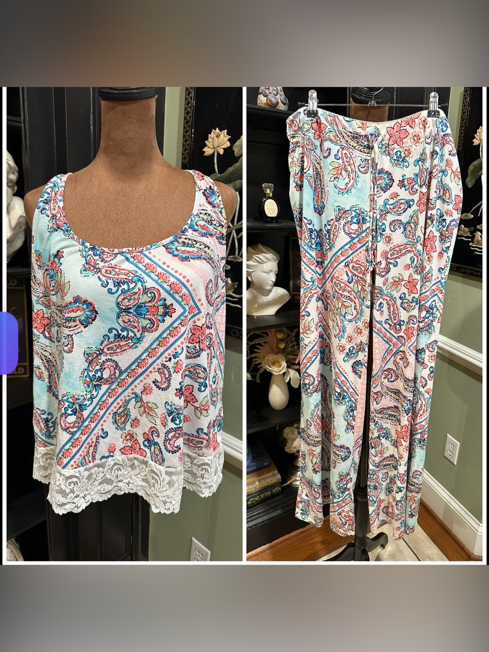 In Bloom by Jonquil Pink & Blue Paisley Pajama Set – Size Large